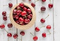 summer layout with red cherries on white wooden table, fresh fruits and berries concept, summer dessert