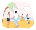 Summer leisure activities. A family enjoying a day at the beach, children building a sandcastle, line art style