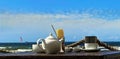 Summer leisure beach   cafe table with cup of coffee  and tea on sand blue sky and green marine sea water on horizon summer backgr Royalty Free Stock Photo