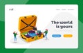 Summer Leisure, Journey Experience Landing Page Template. Tiny Female Characters Take Traveling Clothes or Accessories