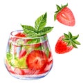 Summer lemonade, cocktail with strawberry, lemon and mint on a white background. Watercolor hand drawn illustration Royalty Free Stock Photo