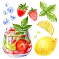 Summer lemonade, cocktail with strawberry, lemon and mint on a white background. Watercolor hand drawn illustration Royalty Free Stock Photo