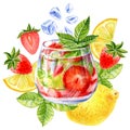 Summer lemonade, cocktail with strawberry, lemon and mint on a white background. Watercolor hand drawn illustration Royalty Free Stock Photo