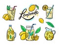 Summer Lemonade set. Lemon, mint, lemon slice, glass and jug. Vector illustration set. Cartoon style.