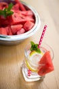 Summer Lemonade with slices of watermelon, lemon and garnished with fresh mint