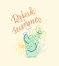 Summer lettering with mojito coctail ink illustration