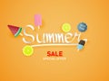 Summer lettering on orange background with ice cream, water melon, lime. Paper art paper cut style