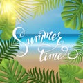 Summer lettering, palm branches. Tropical background, blue ocean landscape Royalty Free Stock Photo