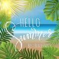 Summer lettering, palm branches. Tropical background, blue ocean landscape Royalty Free Stock Photo