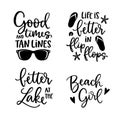 Summer lettering set. Black hand lettered quotes with shealls, flip flops and sunglasses. For greeting cards, t-shirts