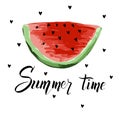 Summer lettering with a slice of watermelon. Vector modern calligraphic design.