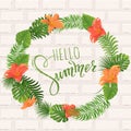 Summer lettering. Tropical palm leaves background