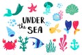 Summer lettering under sea. Set hand drawn icons, signs and banners. Bright summertime poster. Collection Summer hand Royalty Free Stock Photo