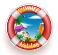 Summer lifebuoy vector concept design. Summer holiday text in life buoy in white background with beach elements for fun and relax. Royalty Free Stock Photo