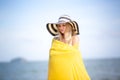 Beautiful attractive woman in white bikini at the beach in summer Royalty Free Stock Photo