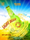 Summer light beer flyer or banner design with a beer bottle, light whirlpool, green grass, clouds, light effects, beer splash. Royalty Free Stock Photo