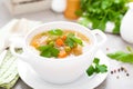 Summer light vegetarian vegetable soup with carrot, potato, cabbage and grean peas on white background. Diet healthy and tasty lun Royalty Free Stock Photo