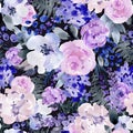 Summer Lilac Watercolor Floral Seamless Pattern, Wedding bouquet