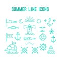 Summer line icon set. Nautical design elements in retro tattoo style Royalty Free Stock Photo