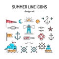 Summer line icon set. Nautical design elements in retro tattoo style Royalty Free Stock Photo