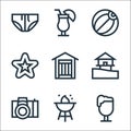 summer line icons. linear set. quality vector line set such as beer, barbecue, camera, sea, dressing room, starfish, beach ball,