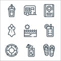 Summer line icons. linear set. quality vector line set such as flip flops, lemonade, life saver, cocktail, beach, swimsuit, travel Royalty Free Stock Photo