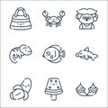 Summer line icons. linear set. quality vector line set such as hammock, watermelon, banana, dolphin, fish, chameleon, man, crab Royalty Free Stock Photo
