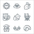 summer line icons. linear set. quality vector line set such as shell, hammock, beach bar, beach chair, starfish, lemonade, lemon,