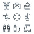 summer line icons. linear set. quality vector line set such as swimsuit, oxygen tube, flipper, botanic, floater, kayak, diving