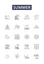 Summer line vector icons and signs. Heat, Vacation, Swim, Play, Outdoors, Breeze, Sunlight, Sand outline vector