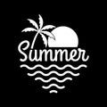 Summer logo with beach, palm tree, sun and sea or ocean. Tropical T-shirt typography design. Apparel graphic. Vector illustration Royalty Free Stock Photo