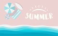 Summer logo on pink beach with sea waves, vector flat illustration, summer banner background Royalty Free Stock Photo