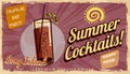 Summer Long Island Cocktail Retro banner. Cocktail lounge vintage background, scratched old textured paper