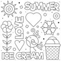 Summer love. Coloring page. Black and white vector illustration.