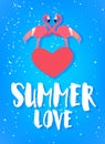 Summer love poster with two flamingo, red heart and text on blue background. Flat design. Vector Royalty Free Stock Photo