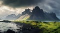 Summer Majesty: Stokksnes Headland Vista with Iconic Vestrahorn Mountain. Generative ai