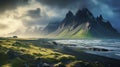 Summer Majesty: Stokksnes Headland Vista with Iconic Vestrahorn Mountain. Generative ai