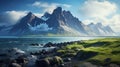 Summer Majesty: Stokksnes Headland Vista with Iconic Vestrahorn Mountain. Generative ai