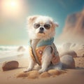 Summer maltese dog in beach attire. Summer dog maltese pet breed in white hair wearing cute clothes.