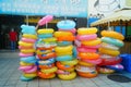 Shenzhen, China: many swimming rings are stacked at the door of stores for sale