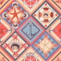 Summer marine anchor and seashells pattern in colorful geometric squares vector seamless design Royalty Free Stock Photo
