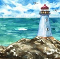 Summer marine artwork with lighthouse on rocks and sea view. Watercolor painting Royalty Free Stock Photo