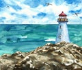 Summer marine artwork with lighthouse on rocks and sea view. Watercolor painting