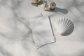 Summer marine neutral stationery, desktop mock-up scene. Blank greeting card, beige envelope. Beige table background in