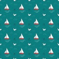 Summer marine pattern with ships, waves and seagulls on a blue background.