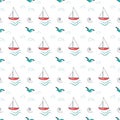 Summer marine pattern with ships, waves and seagulls on a white background.