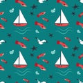 Summer marine pattern with ships, waves, starfish, seagulls and fish on a blue background