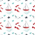 Summer marine pattern with ships, waves, starfish, seagulls and fish on a white background