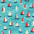 Summer marine seamless pattern with boats at sea. Red and turquoise colors. Yacht trip on the ocean. flat style. For Royalty Free Stock Photo