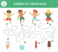 Summer maze for children. Preschool beach holidays activity. Funny puzzle with cute boys, girl and ice-cream. Holiday game for Royalty Free Stock Photo
